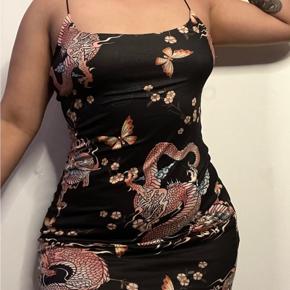 SOLD!! Floral dragon black satin mini dress